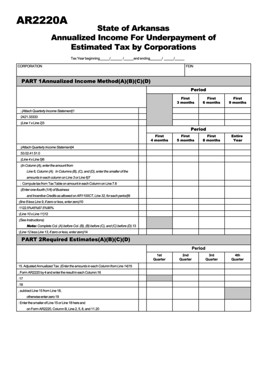 Form Ar2220a - Annualized Income For Underpayment Of Estimated Tax By ...