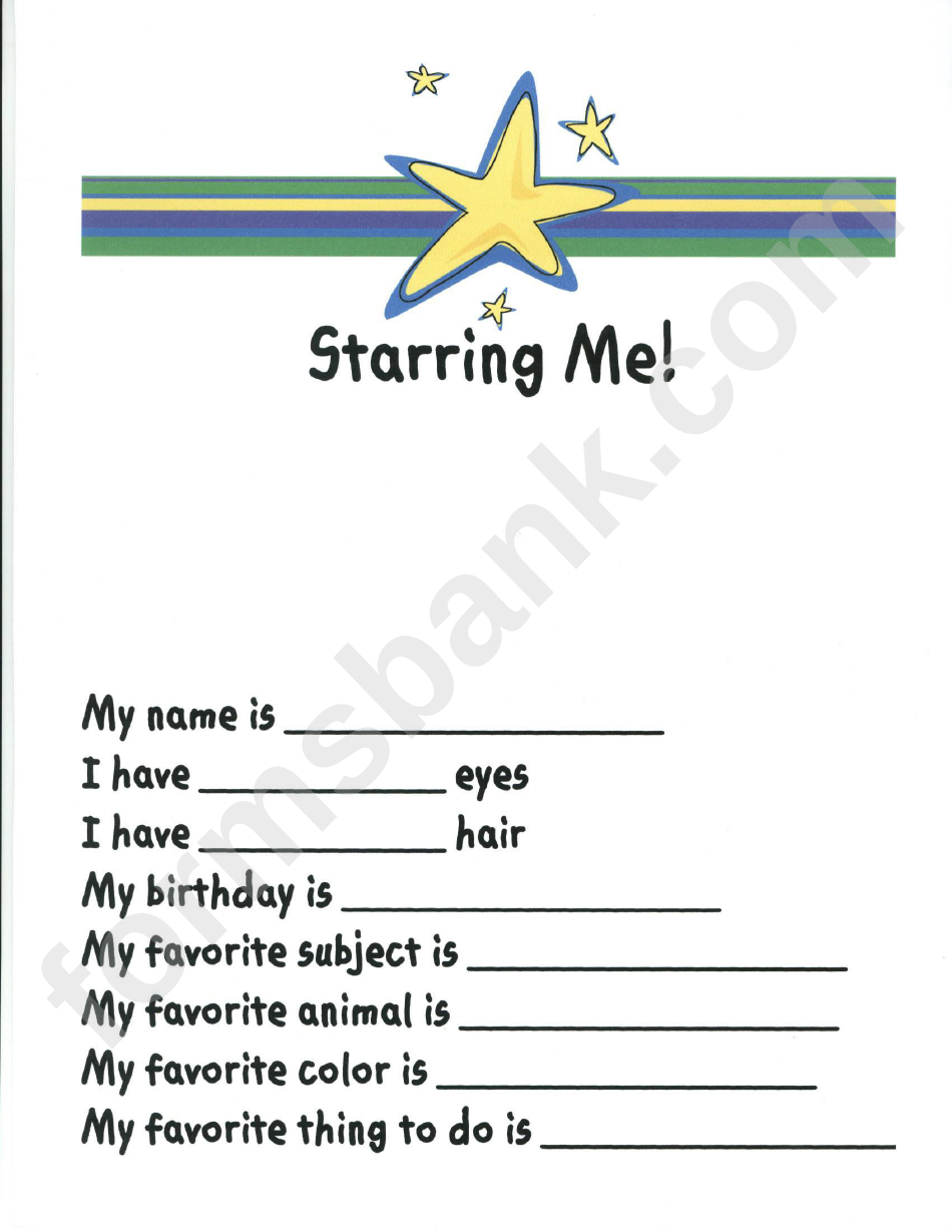 Starring Me! Questionnaire Template For Kids