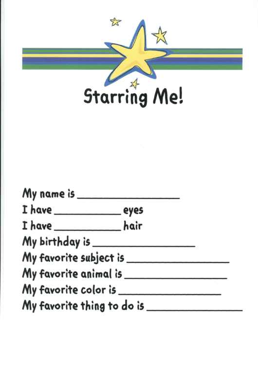 Starring Me! Questionnaire Template For Kids Printable pdf