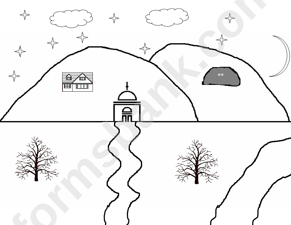 Muslim Village With Masjid Nature Coloring Sheet