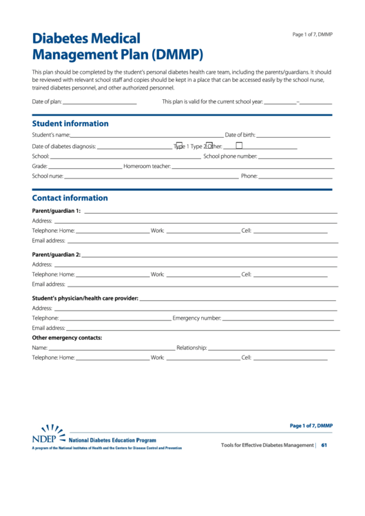 Diabetes Medical Management Plan Dmmp Template Printable Pdf Download