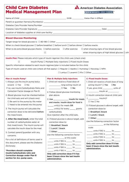Child Care Diabetes Medical Management Plan Printable pdf