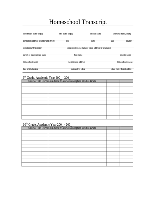 Homeschool Transcript Template Printable pdf