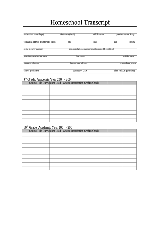 Homeschool Transcript Template Printable Pdf Download