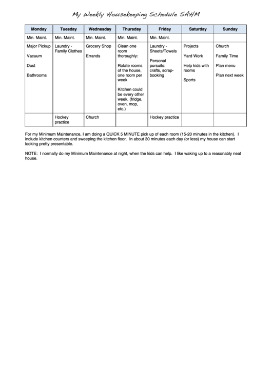 My Weekly Housekeeping Schedule Sahm - Filled-In Printable pdf