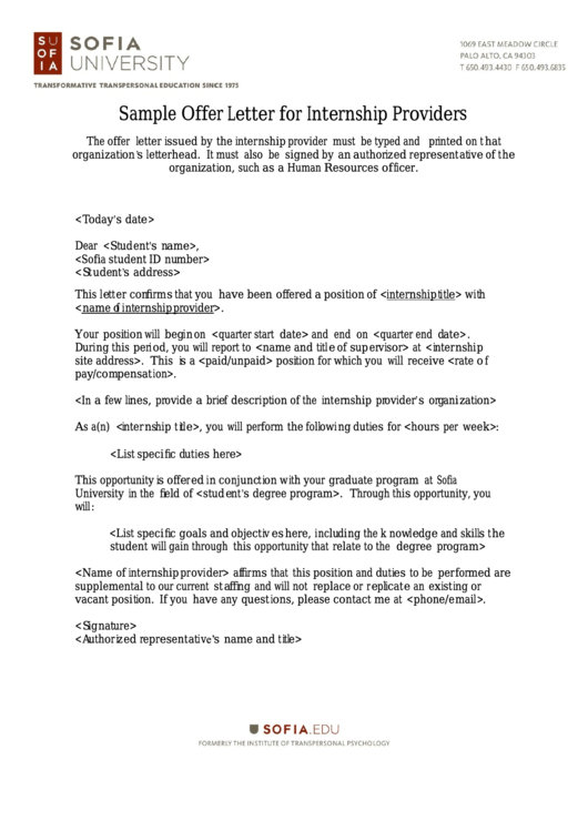 Sample Offer Letter For Internship Providers Printable pdf