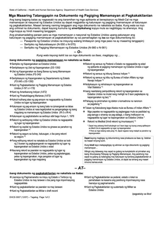 Form Dhcs 0007 - California Acceptable Citizenship And Identity Documents (Tagalog) - Health And Human Services Agency Printable pdf