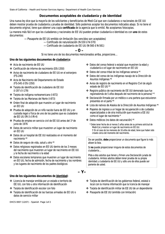 Form Dhcs 0007 - California Acceptable Citizenship And Identity Documents (Spanish) - Health And Human Services Agency Printable pdf