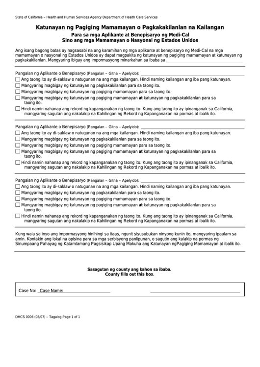 Form Dhcs 0006 - California Proof Of Citizenship Or Identity Needed (Tagalog) - Health And Human Services Agency Printable pdf