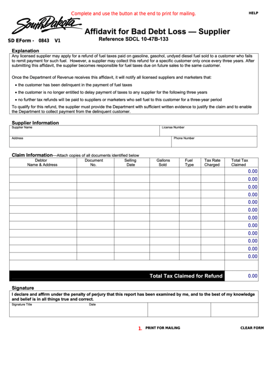 Fillable Form 0843 - South Dakota Affidavit For Bad Debt Loss Supplier Printable pdf