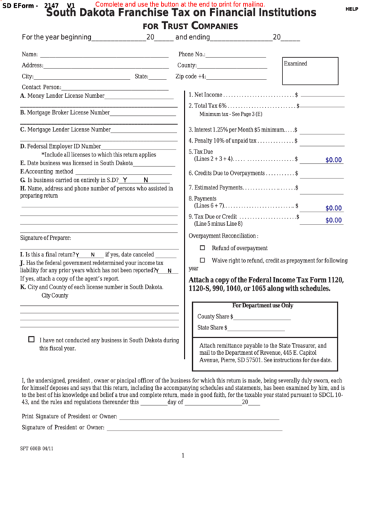 Fillable Form 2147 - South Dakota Franchise Tax On Financial Institutions Printable pdf