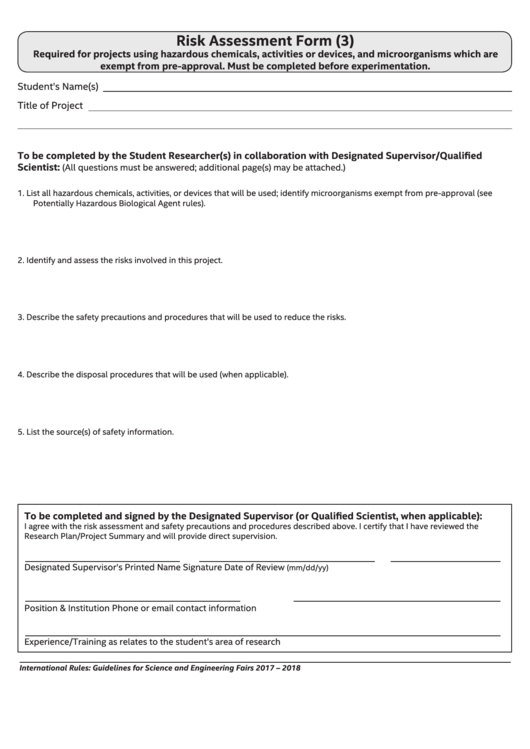 Fillable Risk Assessment Form Printable pdf