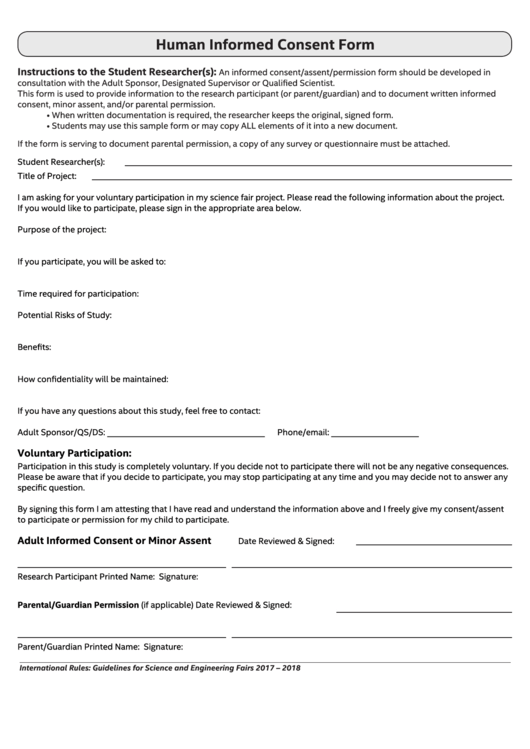Fillable Human Informed Consent Form Printable pdf
