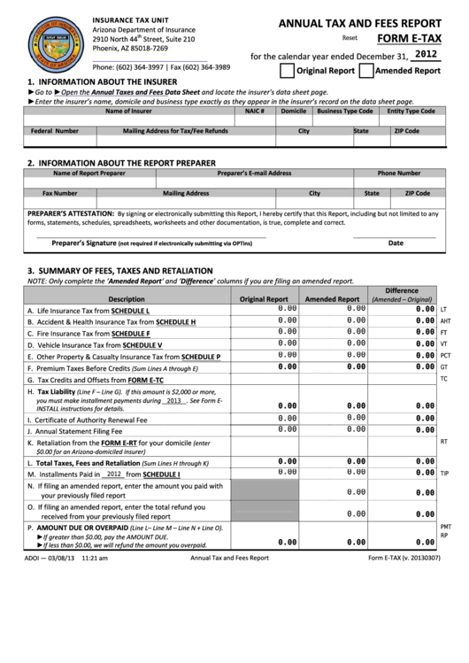 Fillable Form E-Tax - Annual Tax And Fees Report Printable pdf