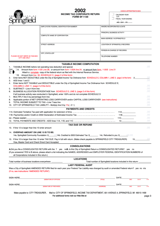 Form Sf-1120 - Income Tax Corporate Return - 2002 Printable pdf