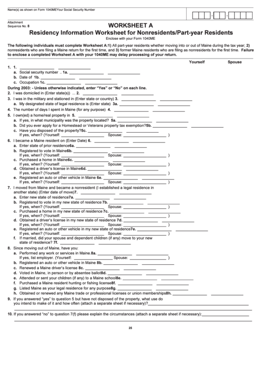Worksheet A - Residency Information Worksheet For Nonresidents/part-Year Residents, Worksheet B - Income Allocation Worksheet For Nonresidents/part-Year Residents, Worksheet C - Employee Apportionment Worksheet Printable pdf
