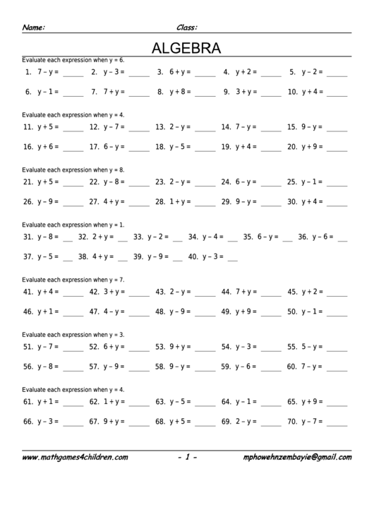 Find Define Variables Algebra Worksheet With Answer Key Printable pdf