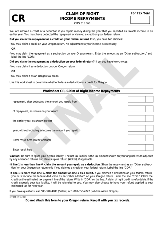 Form Cr - Claim Of Right Income Repayments Printable pdf