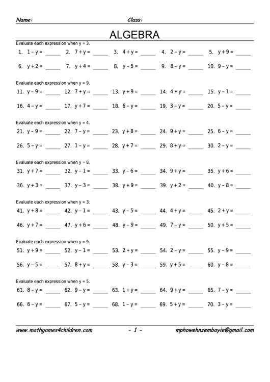 Define Variable Algebra Worksheet With Answer Key Printable pdf
