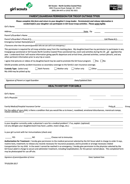 Form Tp105 - Parent/guardian Permission And Health History For Troop Outings Printable pdf