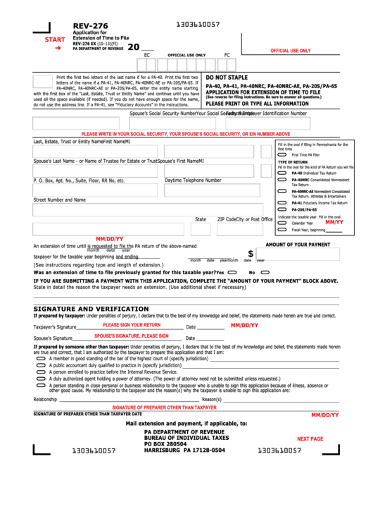 Fillable Form Rev-276 - Application For Extension Of Time To File Rev-276 Ex Printable pdf