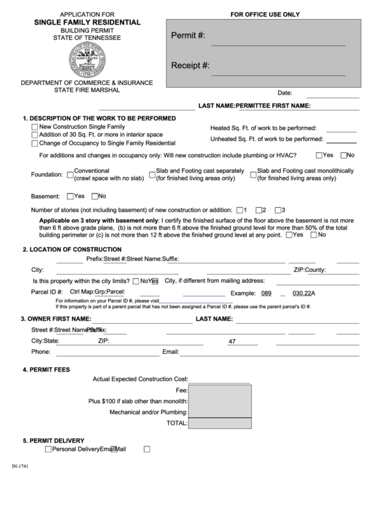 Fillable Form In-1741 - Application For Single Family Residential Printable pdf
