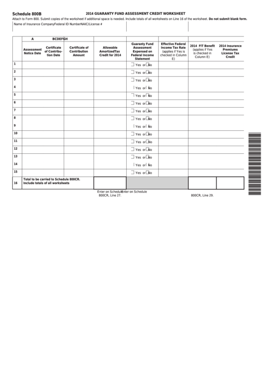 Fillable Schedule 800b - Guaranty Fund Assessment Credit Worksheet - 2014 Printable pdf