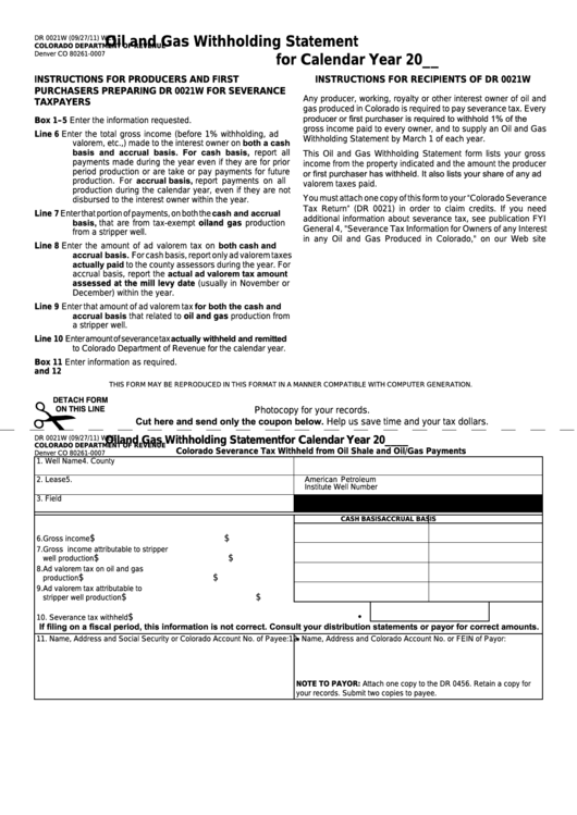 Form Dr 0021w - Oil And Gas Withholding Statement Printable pdf