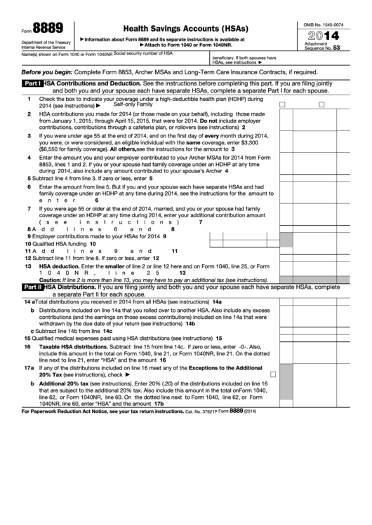Fillable Form 8889 - Health Savings Accounts (Hsas) - 2014 Printable pdf