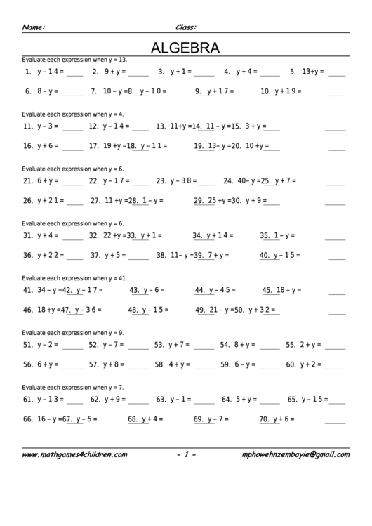 Define Variable Algebra Worksheet With Answer Key Printable pdf