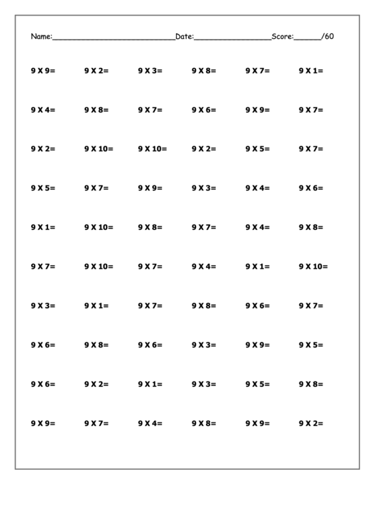 9 Times Tables Multiplication Worksheet Printable pdf