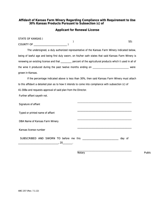 Form Abc-257 - Affidavit Of Kansas Farm Winery Regarding Compliance With Requirement To Use 30% Kansas Products Pursuant To Subsection (C) Of K.s.a. 41-308a Printable pdf