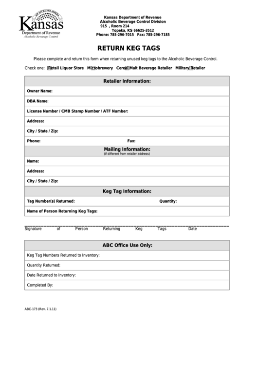 Form Abc-173 - Return Keg Tags Printable pdf