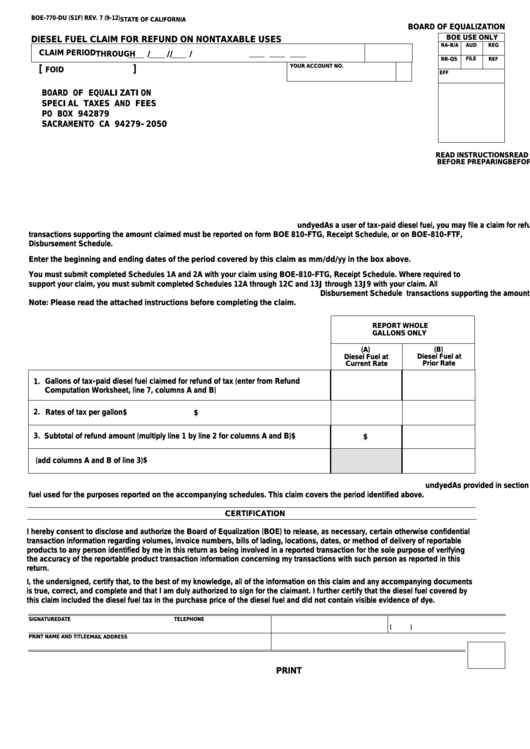 Fillable Form Boe-770-Du - Diesel Fuel Claim For Refund On Nontaxable Uses Printable pdf