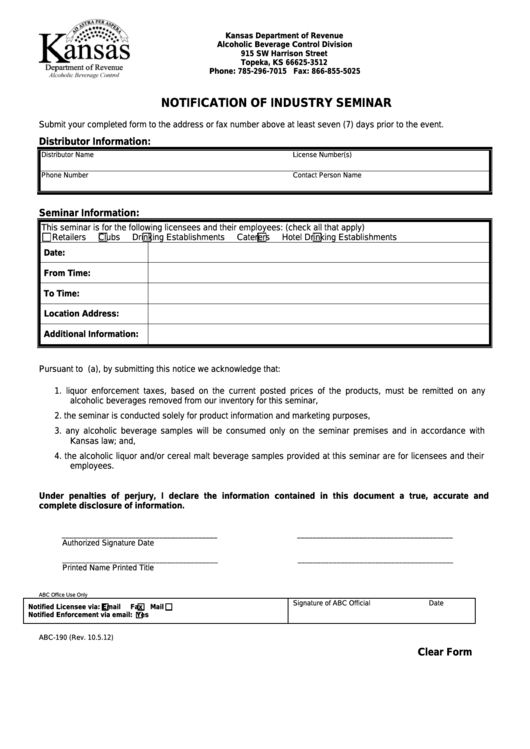 Fillable Form Abc-190 - Notification Of Industry Seminar Printable pdf