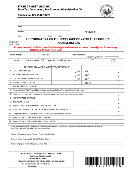 Fillable Form Wv/sev-401v - Additional Tax On The Severance Of Natural Resources Annual Return Printable pdf