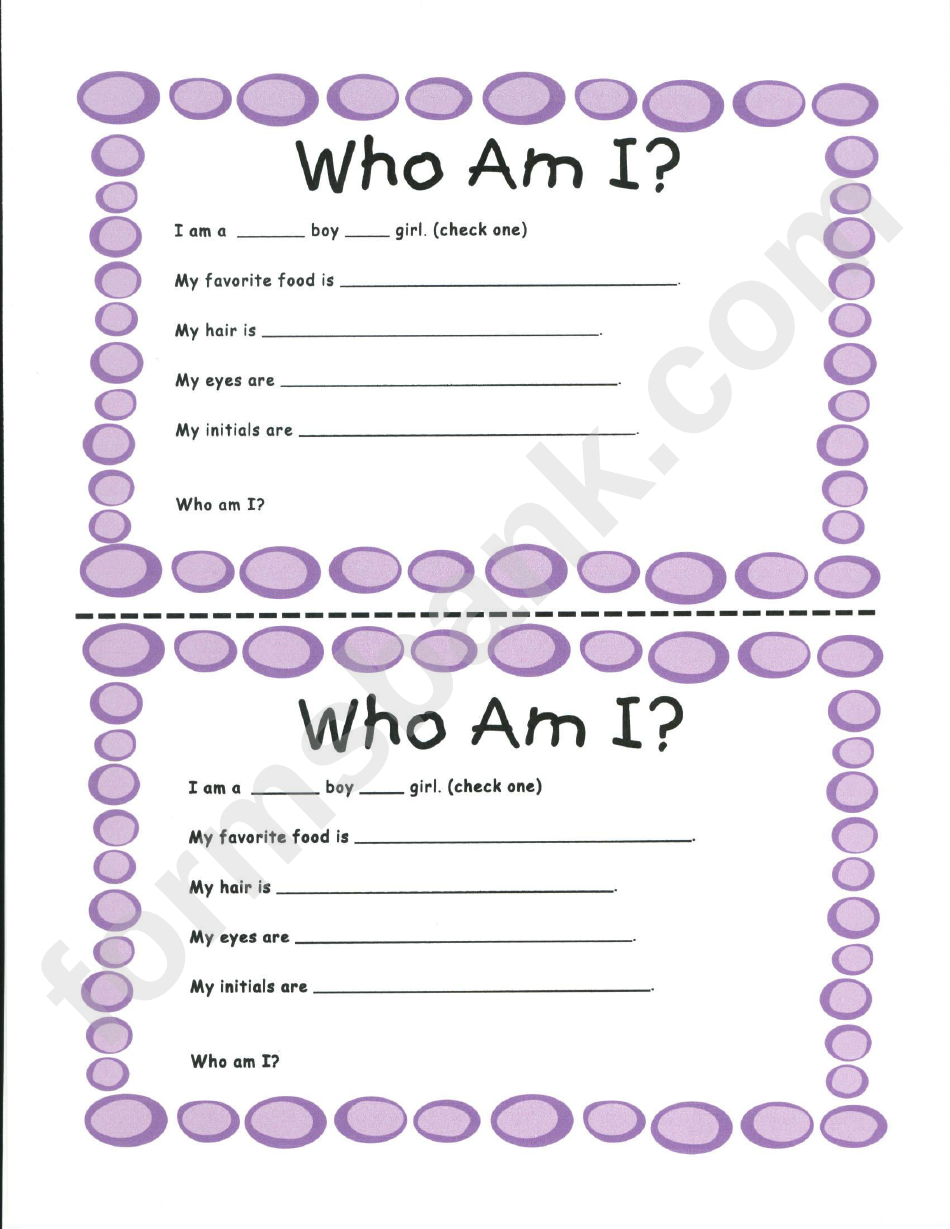 Who Am I Questionnaire Template - 2 Per Page With Purple Border