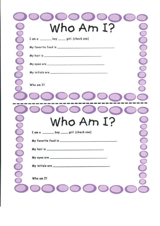 Who Am I Questionnaire Template - 2 Per Page With Purple Border Printable pdf