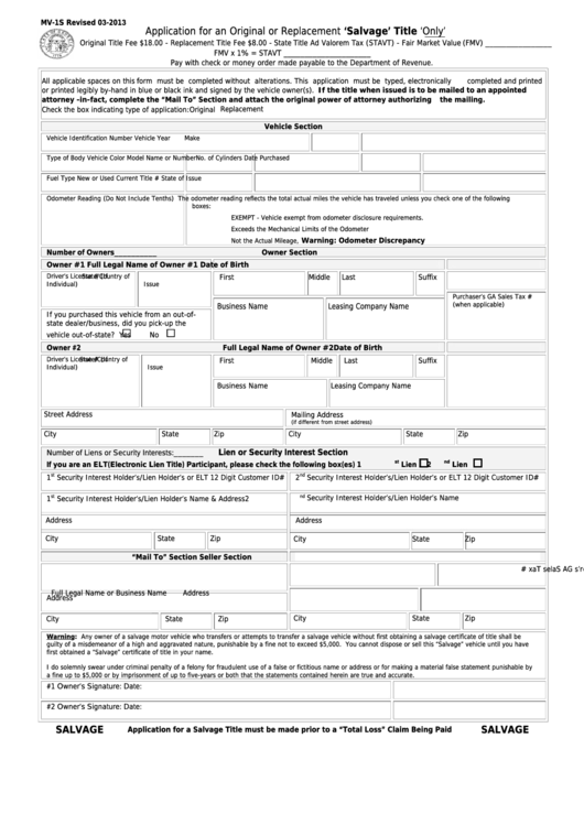 Fillable Form Mv-1s - Application For An Original Or Replacement 