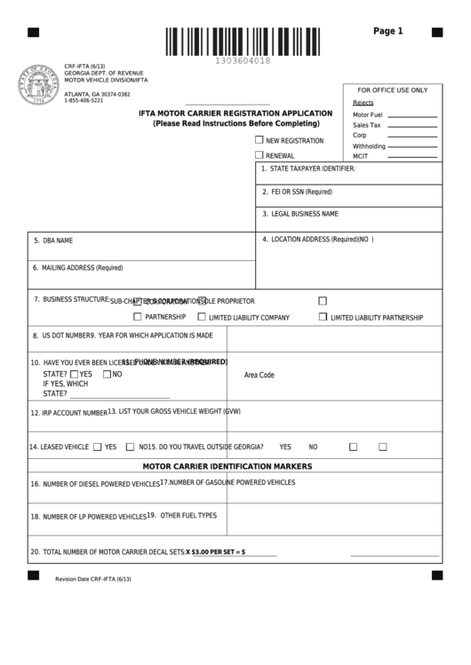 Fillable Form Crf-Ifta - Ifta Motor Carrier Registration Application Printable pdf