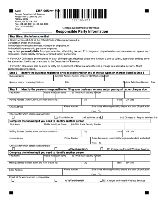 Fillable Form Crf-005 - Responsible Party Information Printable pdf