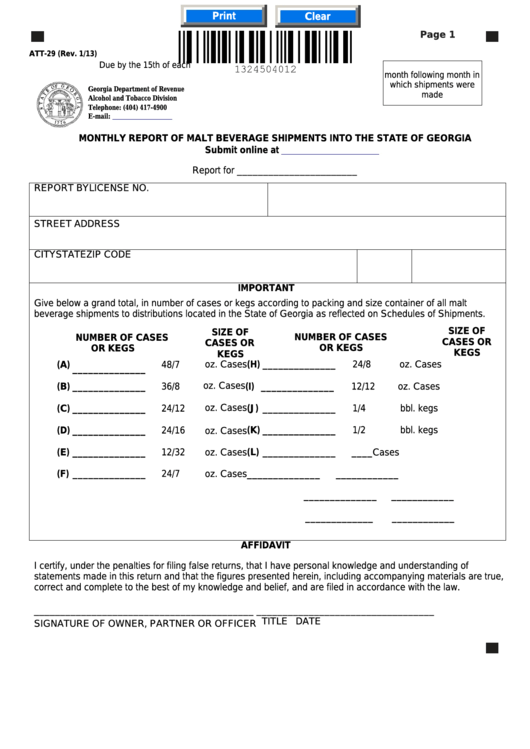Fillable Form Att-29 - Monthly Report Of Malt Beverage Shipments Into The State Of Georgia Printable pdf