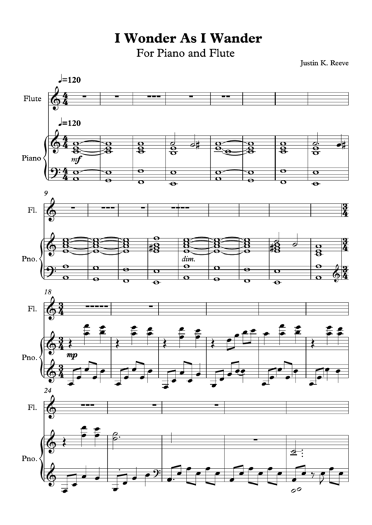 Justin K. Reeve - I Wonder As Iwander Piano Sheet Music Printable pdf