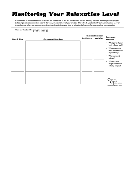 Monitoring Your Relaxation Level - Progress Monitoring Forms Printable pdf