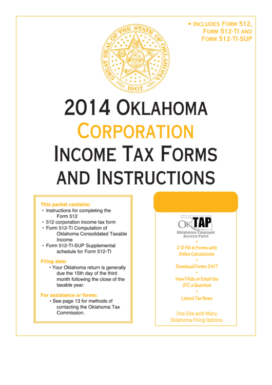 Oklahoma Corporation Income Tax Forms And Instructions Booklet - 2014 Printable pdf