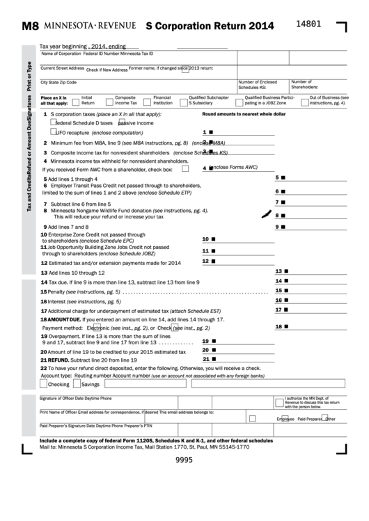 Fillable Form M8 - S Corporation Tax Return - 2014 Printable pdf