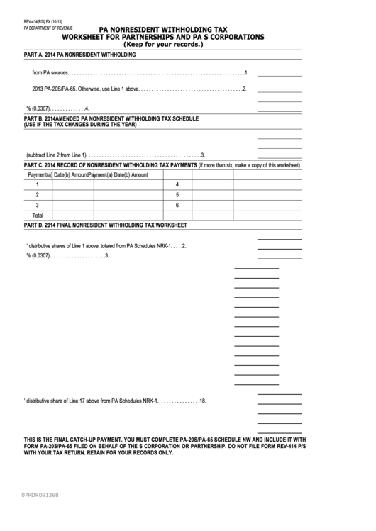 Form Rev-414 - Pa Nonresident Withholding Tax Worksheet For Partnerships And Pa S Corporations - 2014 Printable pdf