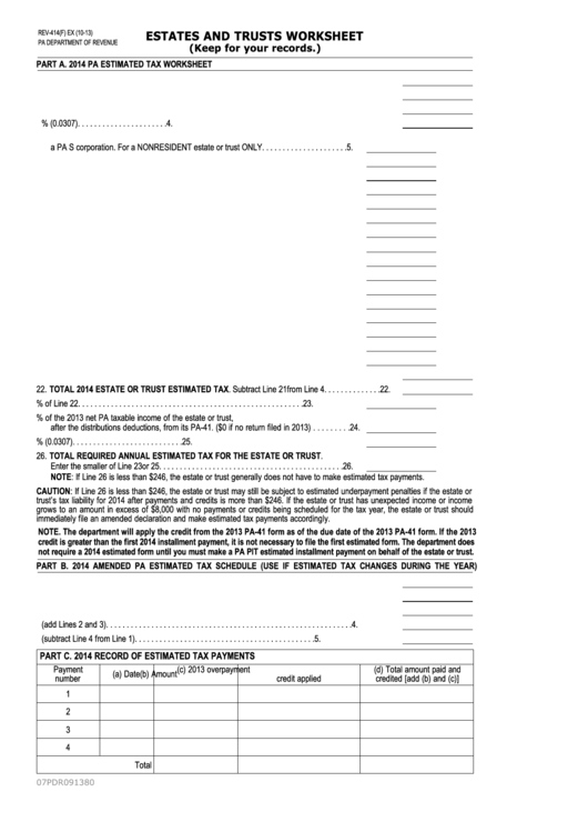 Form Rev-414f - Estates And Trusts Worksheet - 2014 Printable pdf