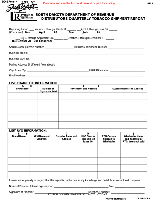 Fillable Form 1789 - South Dakota Department Of Revenue Distributors Quarterly Tobacco Shipment Report Printable pdf