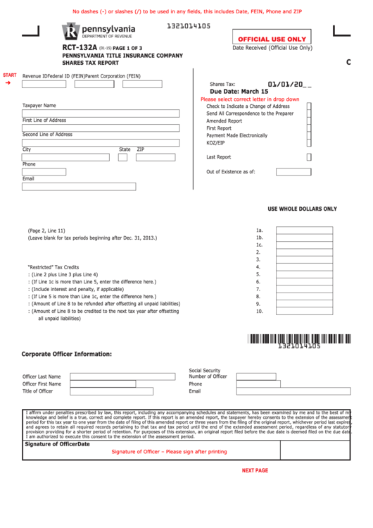 Fillable Form Rct-132a - Pennsylvania Title Insurance Company Shares Tax Report Printable pdf
